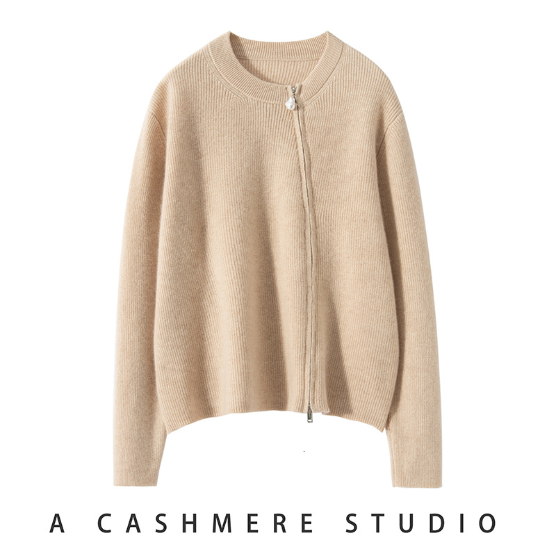 Double Zipper Cardigan Women's Autumn Winter French Fashion Long Sleeved Solid Color Round Neck Cashmere Knitted Jacket