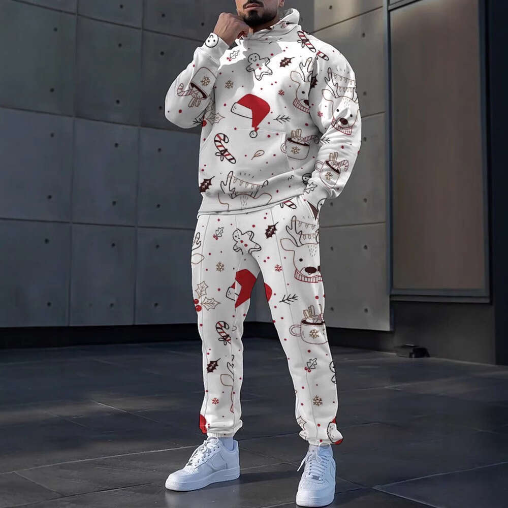 2024 European American new Christmas 3D printed casual loose fitting hooded men's hoodie and sweatpants set