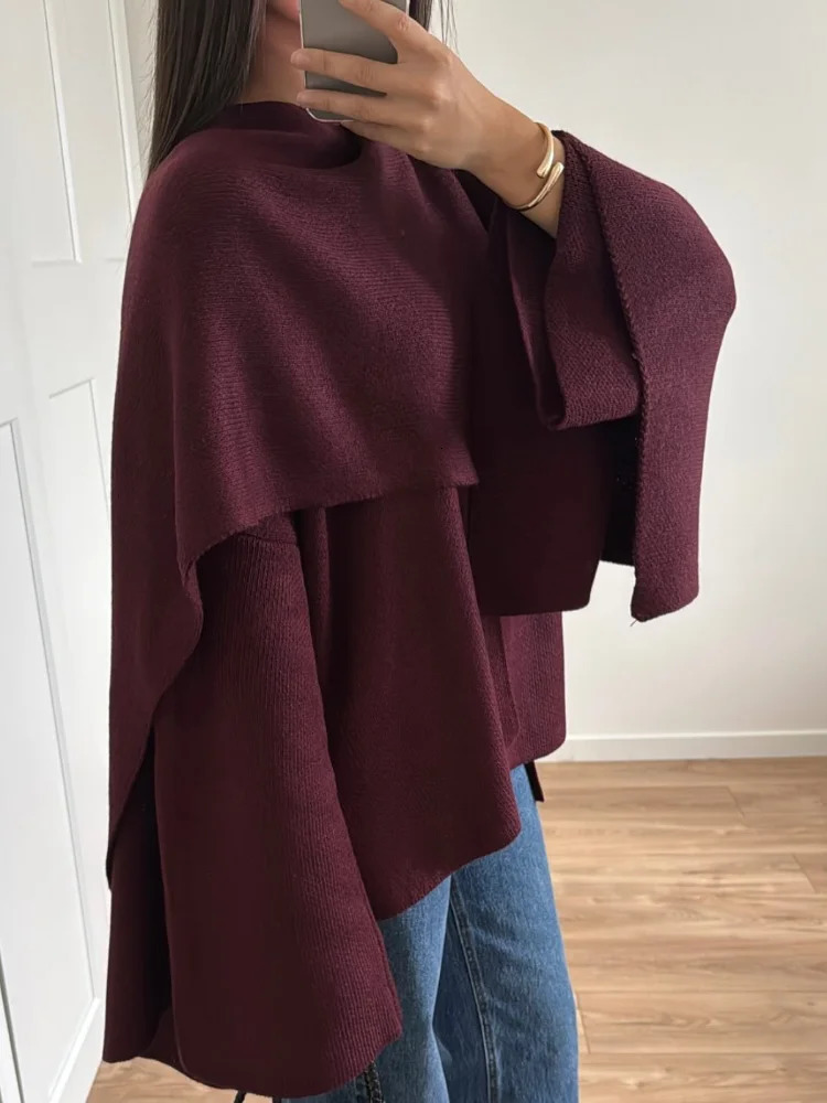 2024 Burgundy Womens Chic Scarf Collar Jackets Autumn Fashion Long Sleeved Casual Loose Coat Ladies Elegant Street Outwear 241125