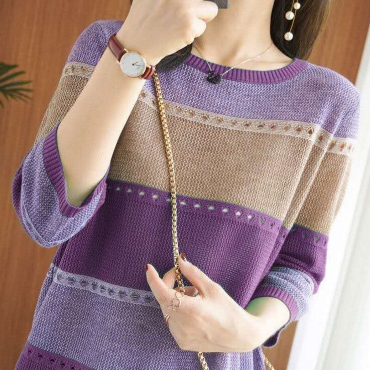 New round neck colored pullover sweater, knitted sweater for women, Korean version, loose fit, hollow T-shirt, seven quarter sleeve designer women