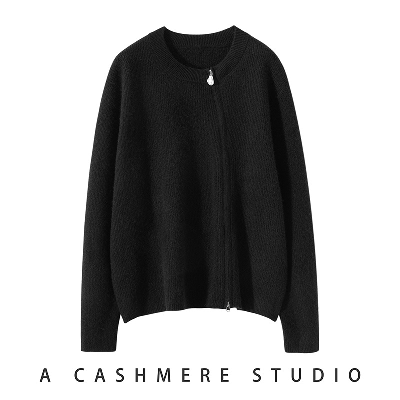 Double Zipper Cardigan Women's Autumn Winter French Fashion Long Sleeved Solid Color Round Neck Cashmere Knitted Jacket