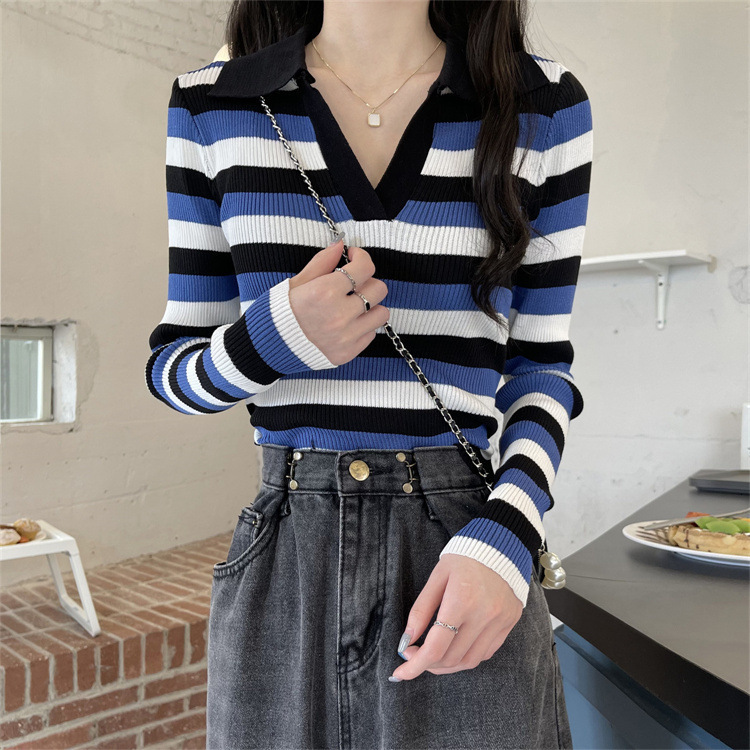 Winter Internet celebrity new stripe lapel long sleeve T-shirt knitted sweater designer women's fashionable chic top