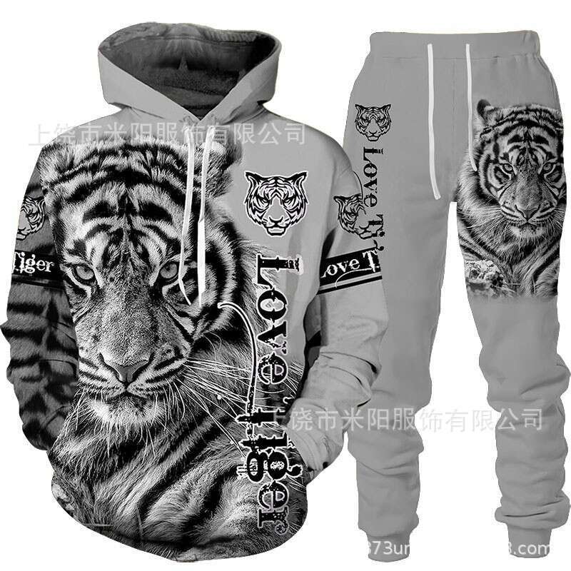 2024 new tiger 3D printed hooded casual loose hoodie set for spring autumn European and American men's hoodies