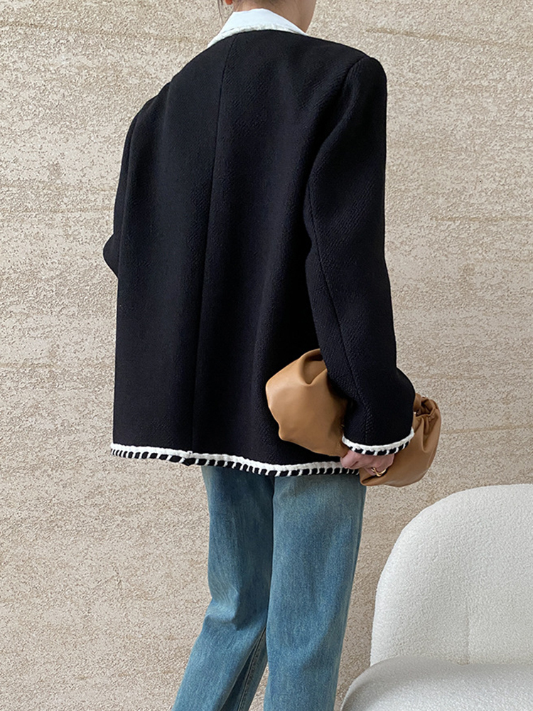 EOEN Fashion Women's Contrast Color Border Jacket Round Neck Loose Single Breasted Tweed Coat Autumn 2024 New