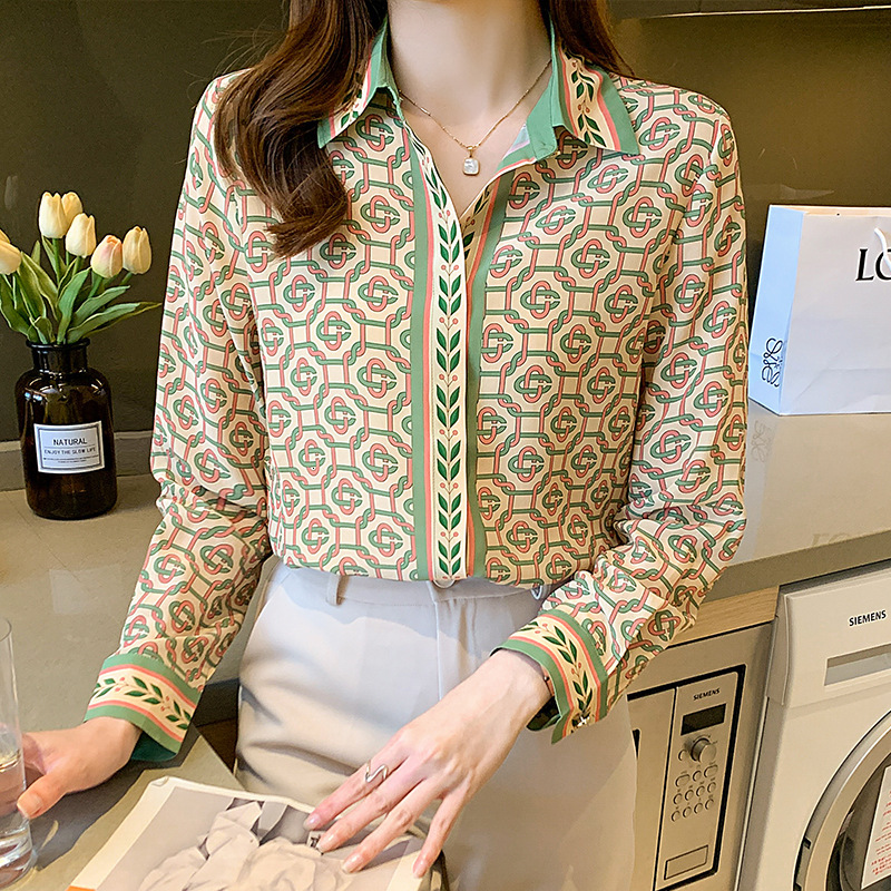 Fashion Printed Chiffon Shirt Spring/Summer Long Sleeved Lapel Casual Top