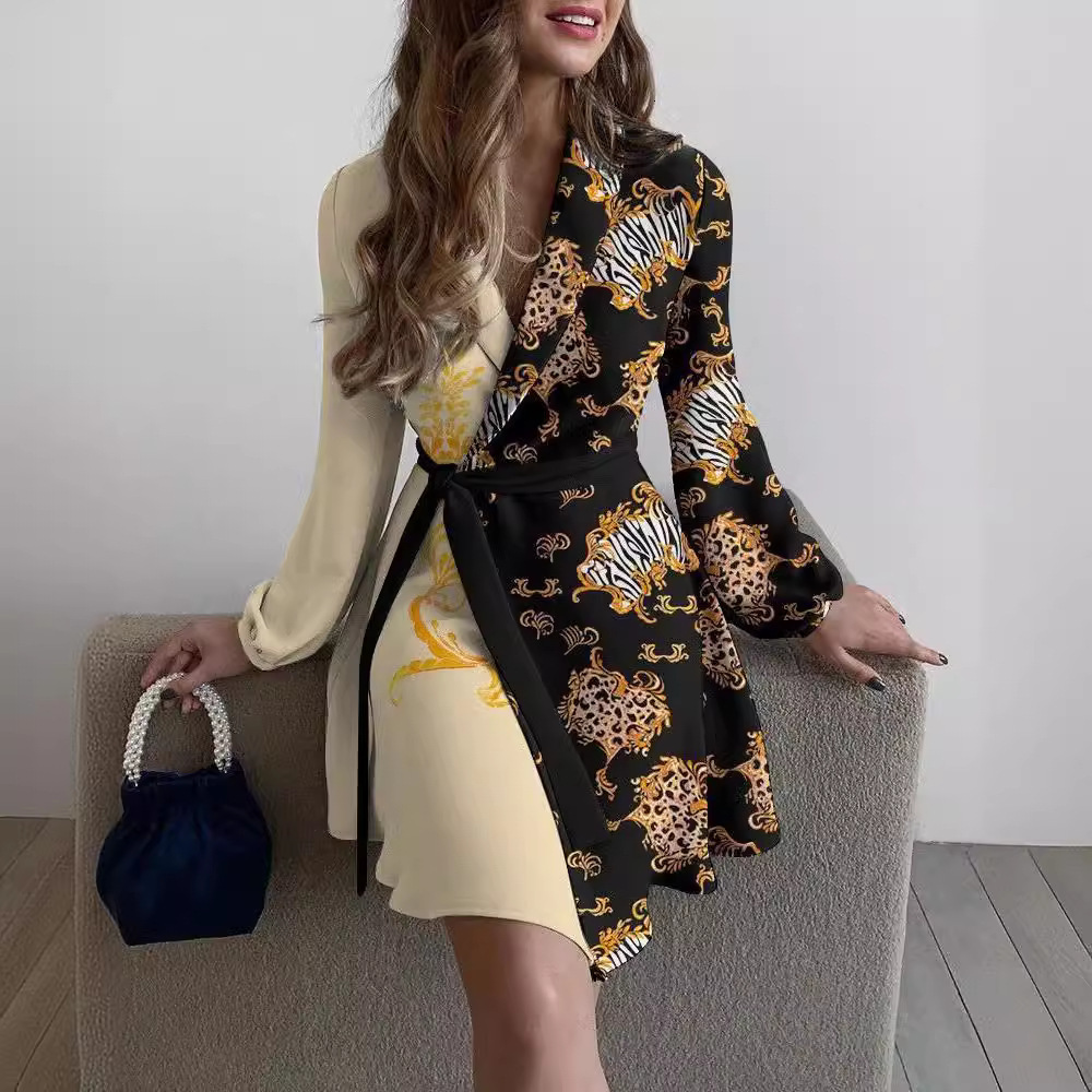 Women's 2024 Spring And Autumn Flower Print Polo Collar Long Sleeve Lace Up Waist Dress