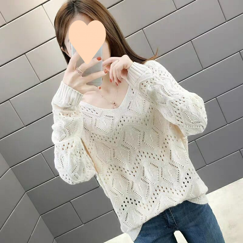 New hollowed out knitted women's new pullover with spring and autumn collar top, loose long sleeved thin designer sweater bottom shirt