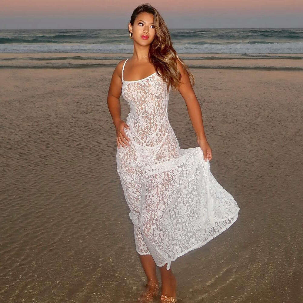 Women's spring and summer lace see through sexy suspender dress, children's skirt, high-end feeg, beach party fun
