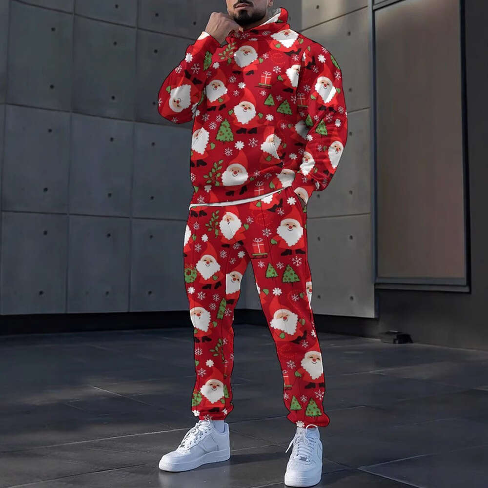 2024 European American new Christmas 3D printed casual loose fitting hooded men's hoodie and sweatpants set