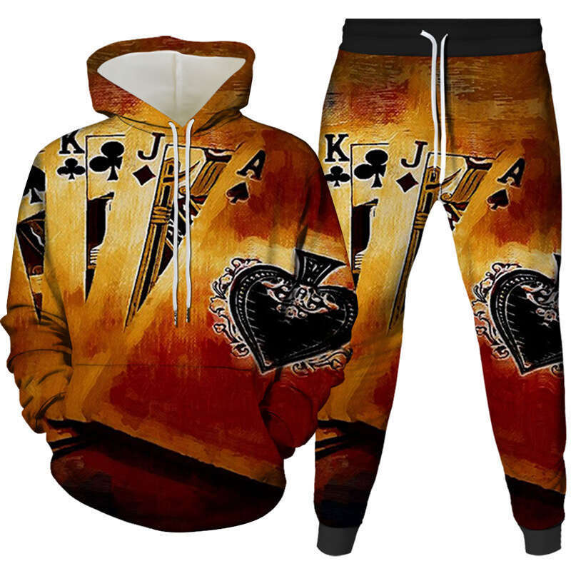 2024 Autumn/Winter Poker Series 3D Printed European American Trendy Men's Women's Hooded Hoodie and Pants Set