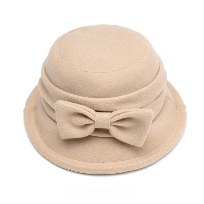 Womens Cotton Blend Fall Winter Bucket Hat 58cm Solid Color with Bow Small Brim Flat Top Fedoras 241125