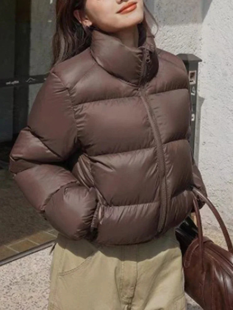 Winter Standing Collar Down Womens Parkas Pockets Zipper Long Sleeved Korean Version Jacket Loose Thick Solid Color Clothing 241120