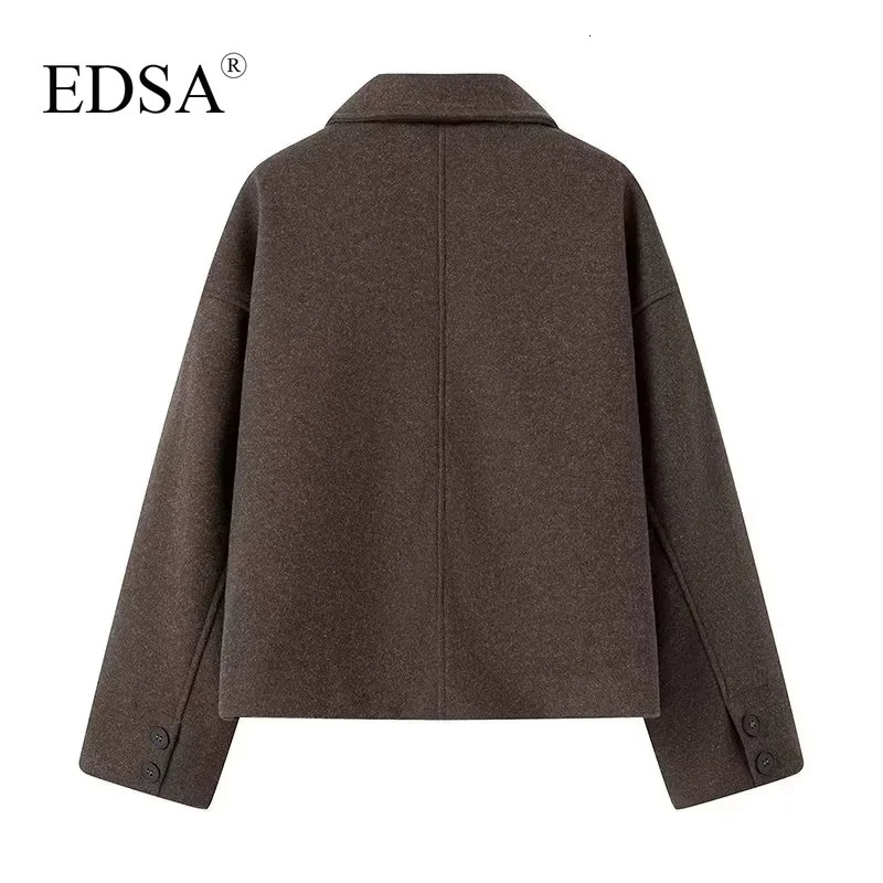 EDSA Women Brown Wool Jacket Single Breasted for Autumn Winter with Lapel Collar Thick Warm Shirtstyle Outwear 241121