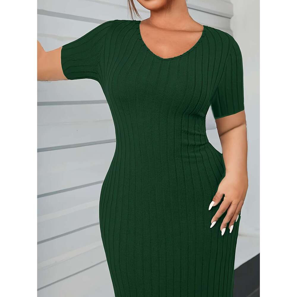 Large ribbed solid color tight elegant V-neck short sleeved dress, spring and summer, women's plus size clothing