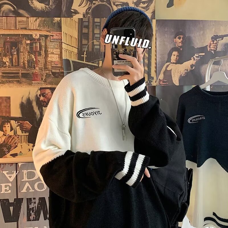 New lazy style round neck men's autumn new versatile casual contrasting color knitted sweater Korean version fashion pullover designer men's