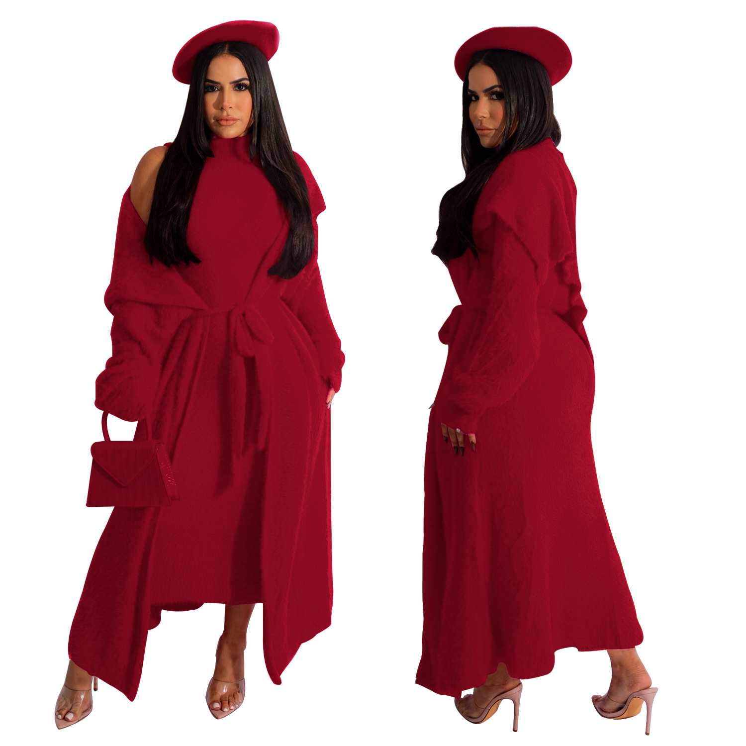 Autumn/Winter Dress Jacket Two-Piece Loose Waistband Long Cardigan Velvet Set clothing ladies