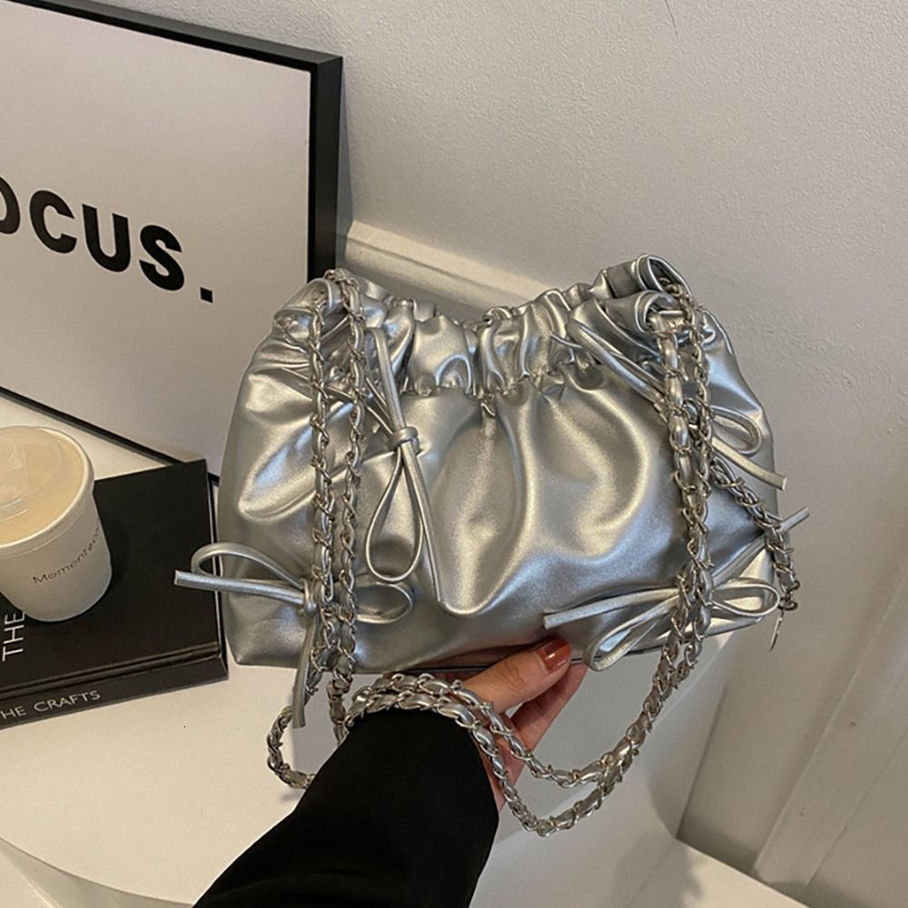 Women's Shoulder One-Sided Design Bucket PU Leather Pleated Bag Casual Plain Handbag