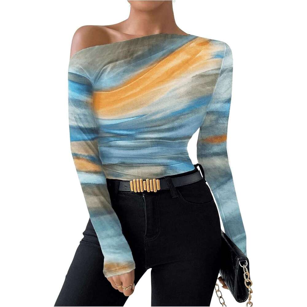 2024 Summer New Fashionable Tie Dyeing Printed Asymmetric Ruffle Edge Long Sleeve T-shirt