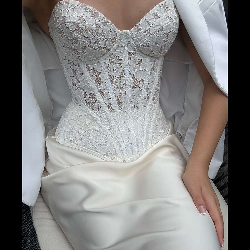 2024 autumn and winter new women's clothing French lace strapless top solid color slim fit hip hugging skirt set for women