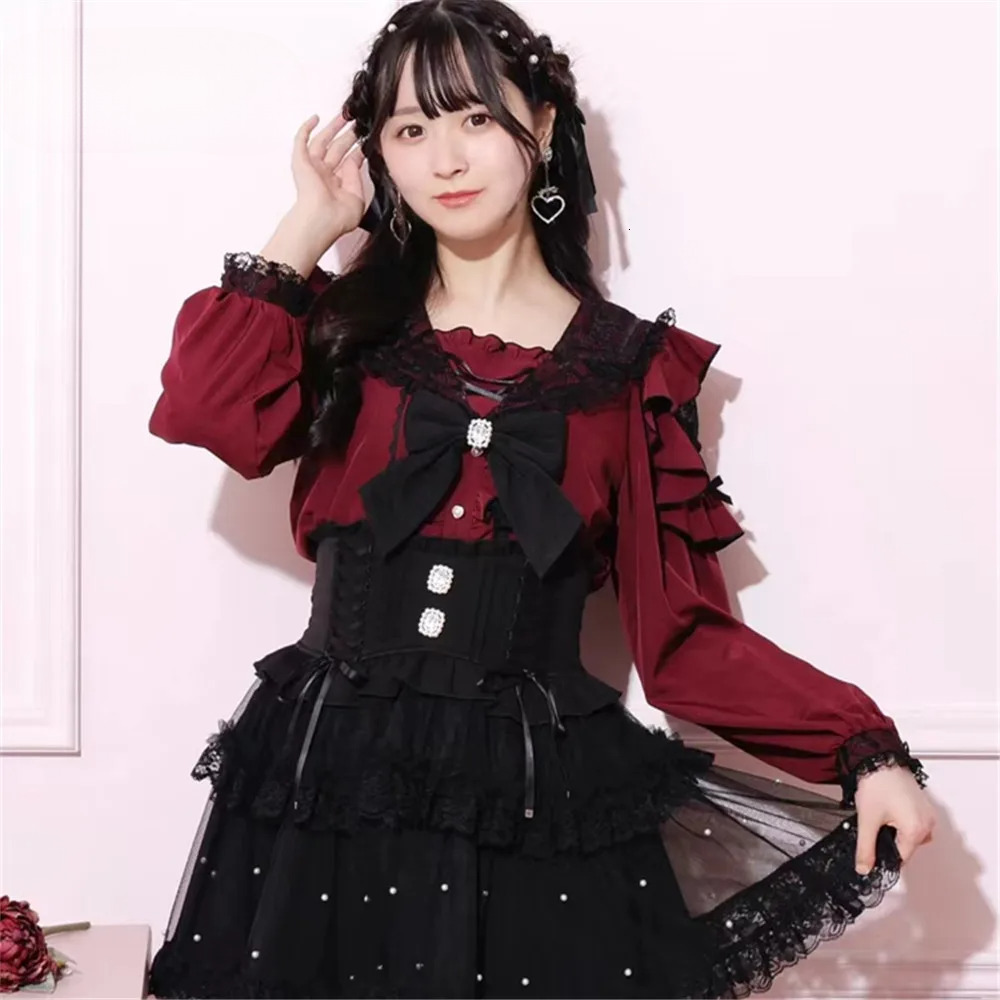 Original Mine Shirt Female Lolita Girls Sweet Cute Bow Lace Navy Collar Long-Sleeved Top Shirts Autumn New Blusas Mujer