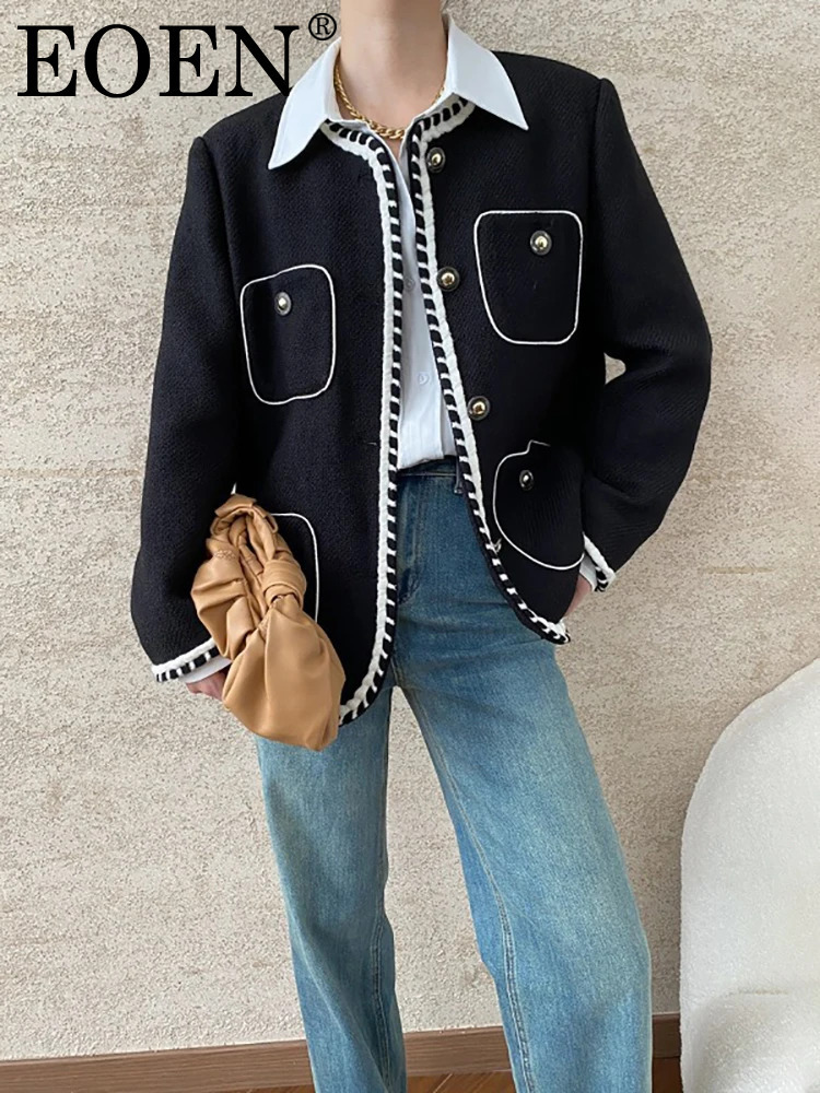 EOEN Fashion Women's Contrast Color Border Jacket Round Neck Loose Single Breasted Tweed Coat Autumn 2024 New