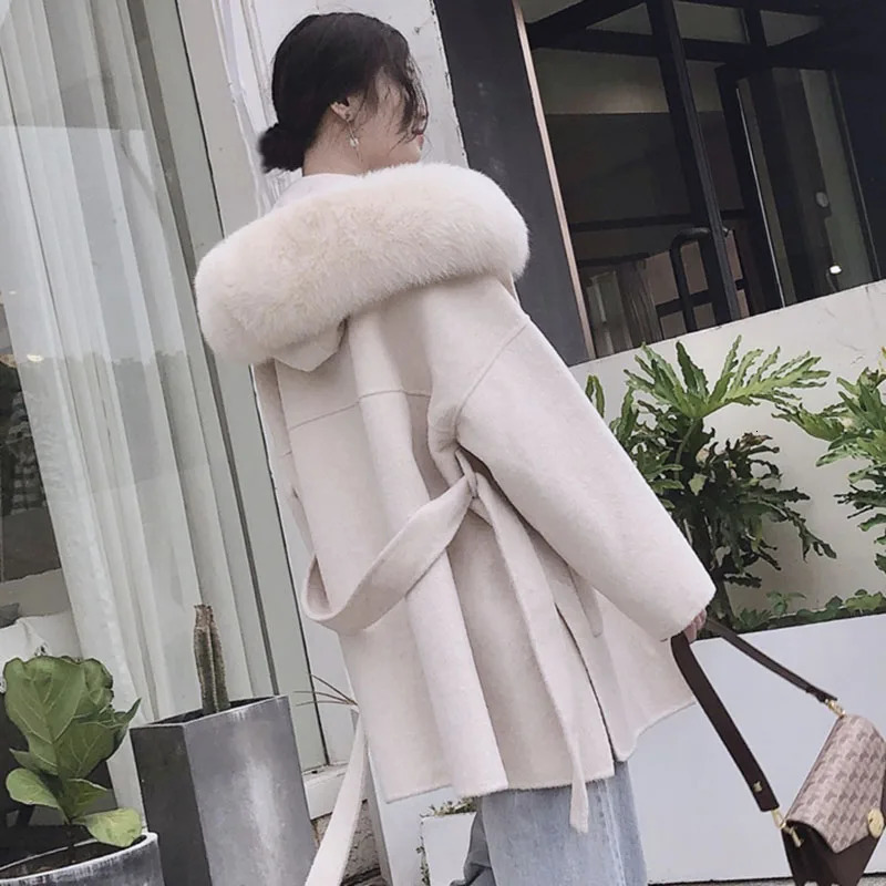 Korea Hooded Cashmere Long Coat With Hood Real Fur Trim Women Warm Large Jacket Female Outwear Spring Loose 241121