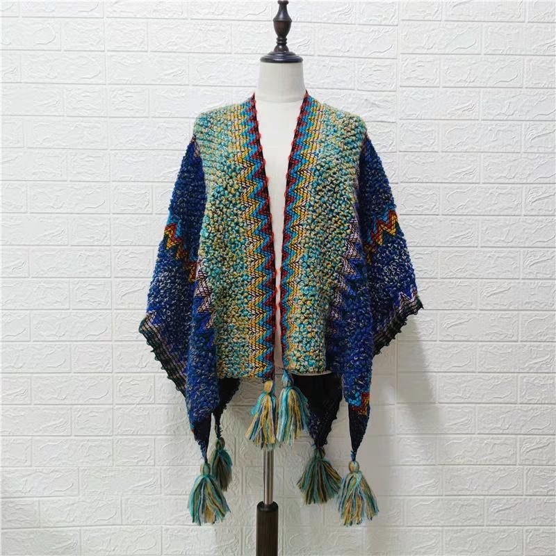 New ethnic style shawl pullover, tassel cardigan, colorful loose textured knitted sweater, designer cape jacket