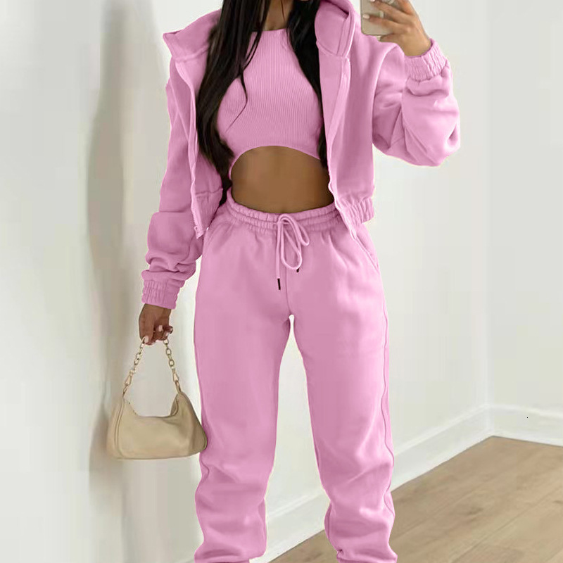 New Women's Solid Color Simple Hooded Sweater Sports Casual Pants Three Piece Set