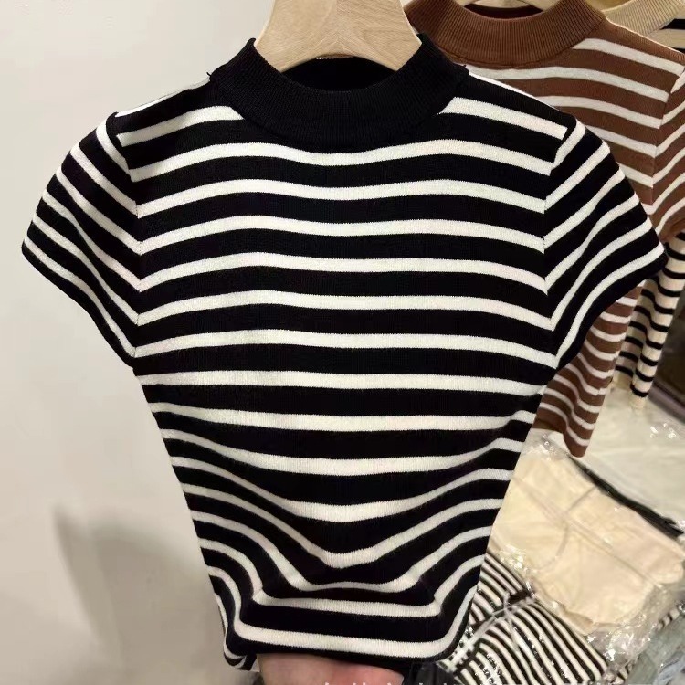 Autumn new semi high neck striped bottom knitted women's slim fit short sleeved designer ice silk shoulder T-shirt sweater