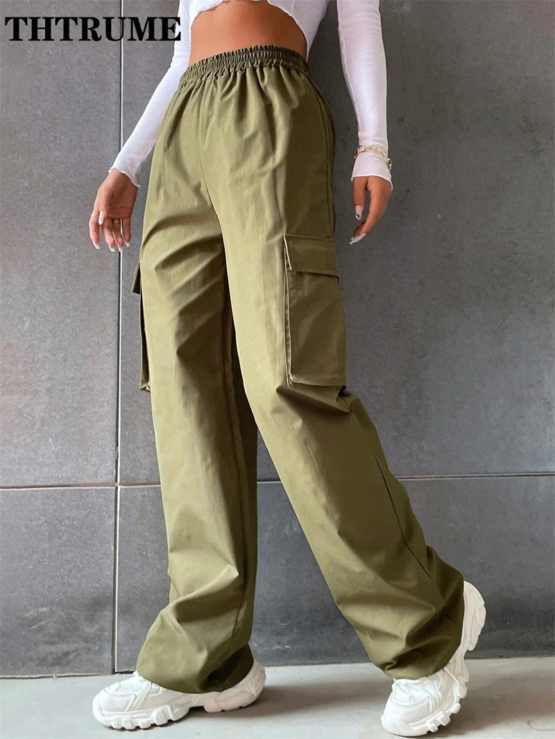 Vintage Streetwear Cargo Pants Fashion Women Solid Oversized Pocket High Waist Baggy Pant Casual Hip Hop Straight Trousers 241121Z
