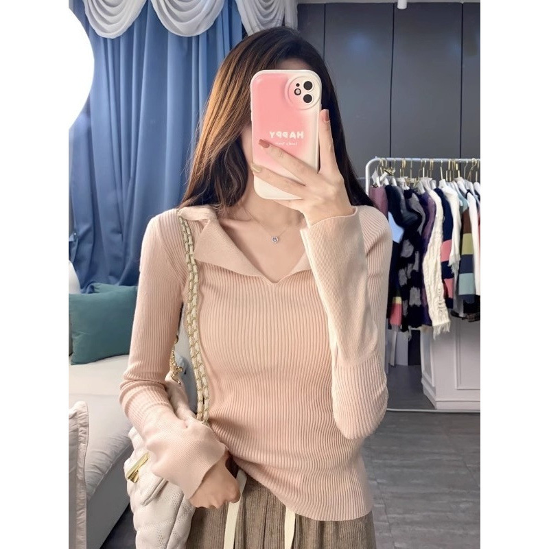 New French style niche collar knitted early autumn new design sense basic shirt slim fit designer women's top