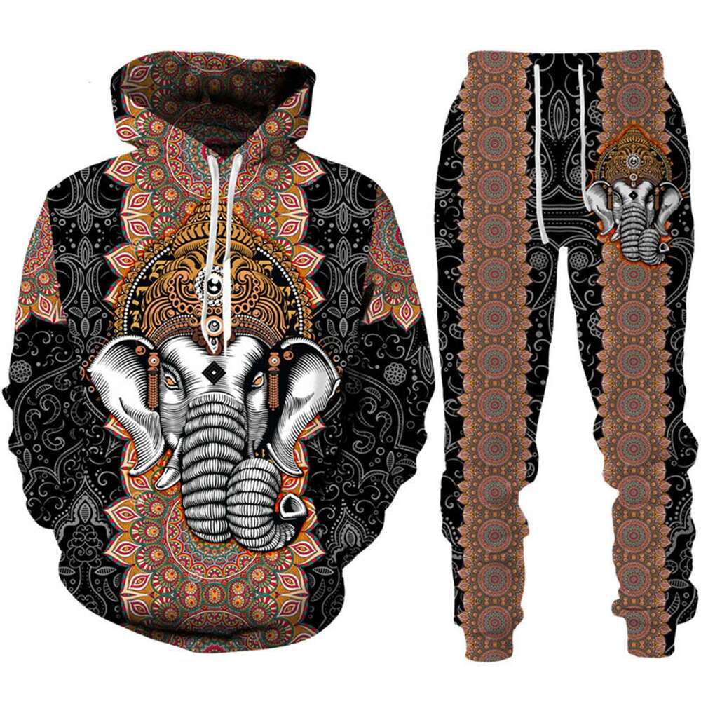 2024 Autumn/Winter Men's Elephant Pattern 3D Printed Long Sleeve Hoodie, Sweatshirt, Pants, Animal Set