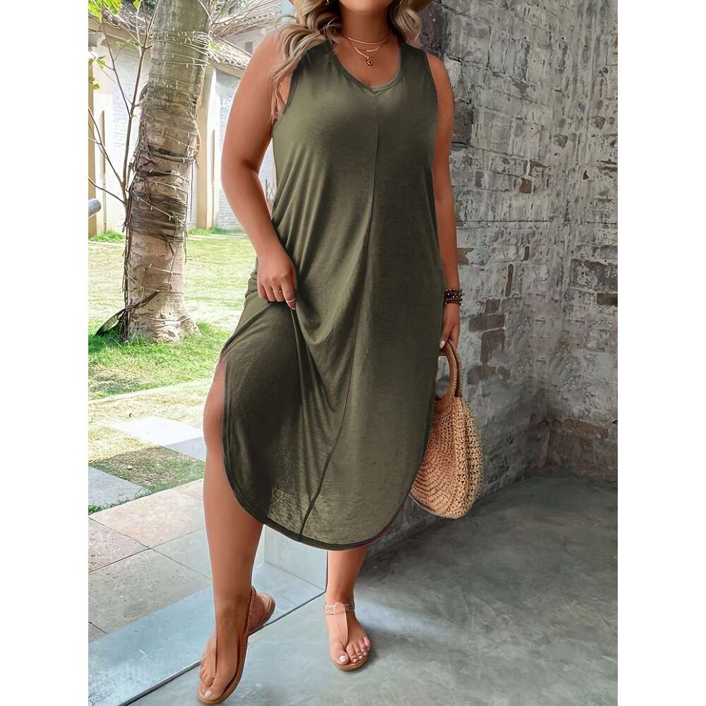 Large solid color curved hem vest skirt, spring and summer casual sleeveless dress, plus size women's clothing