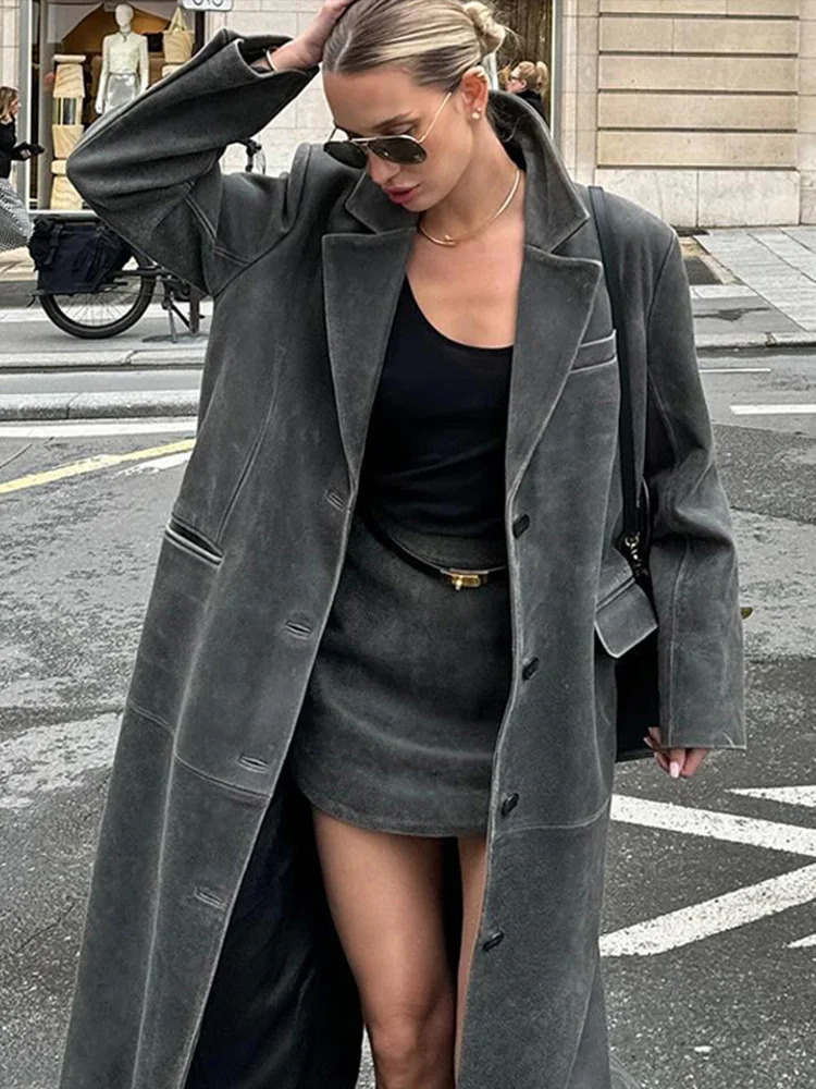 Grey Leather Long Womens Coat Vintage Turndown Collar Single Breasted Sleeve Coats Fashion Autumn Retro Jacket Outerwears 241121