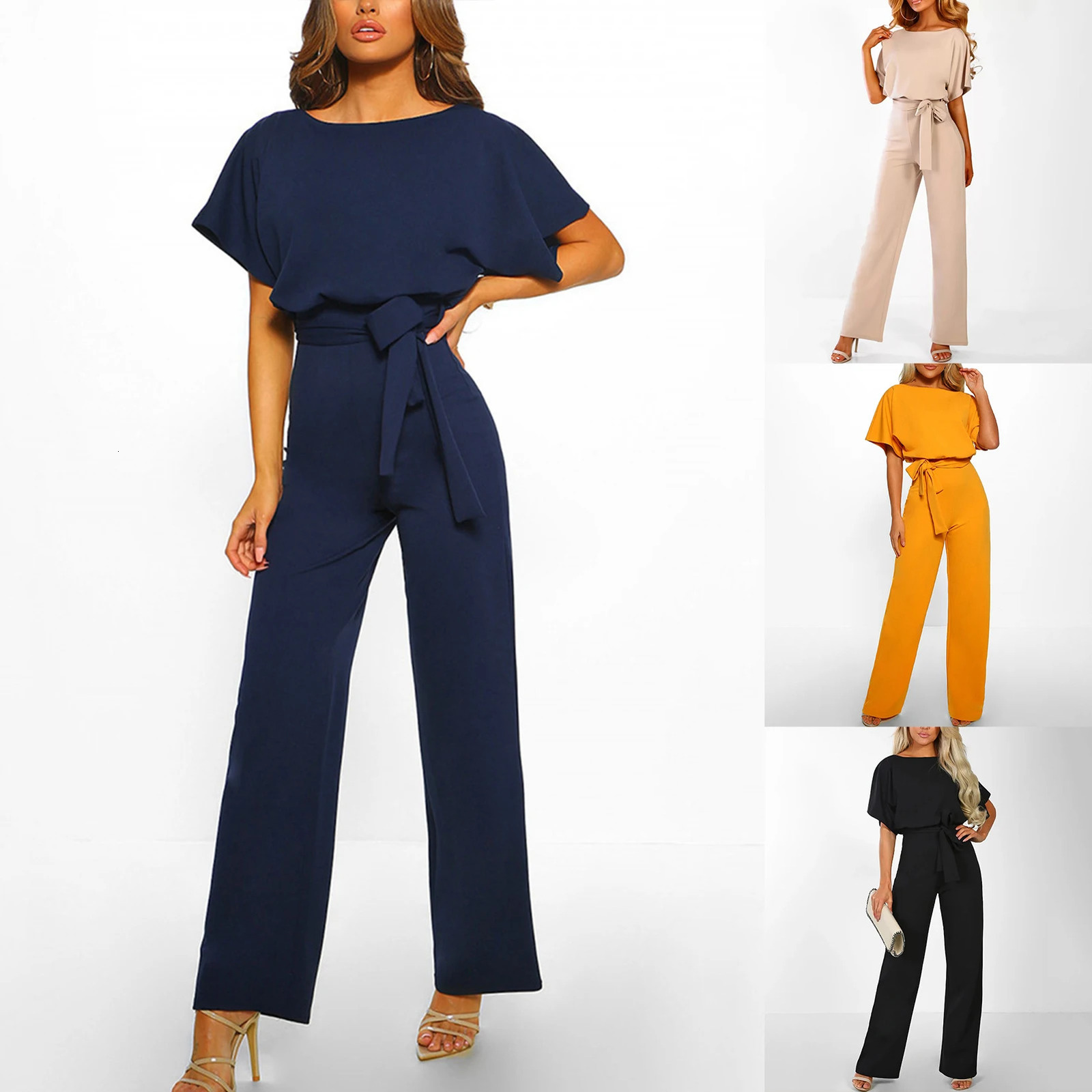 Jumpsuit Lace Up High Waist Elegant Women Solid Color Straight Leg Romper Fashion Shortsleeved Round Neck for Dating 241120