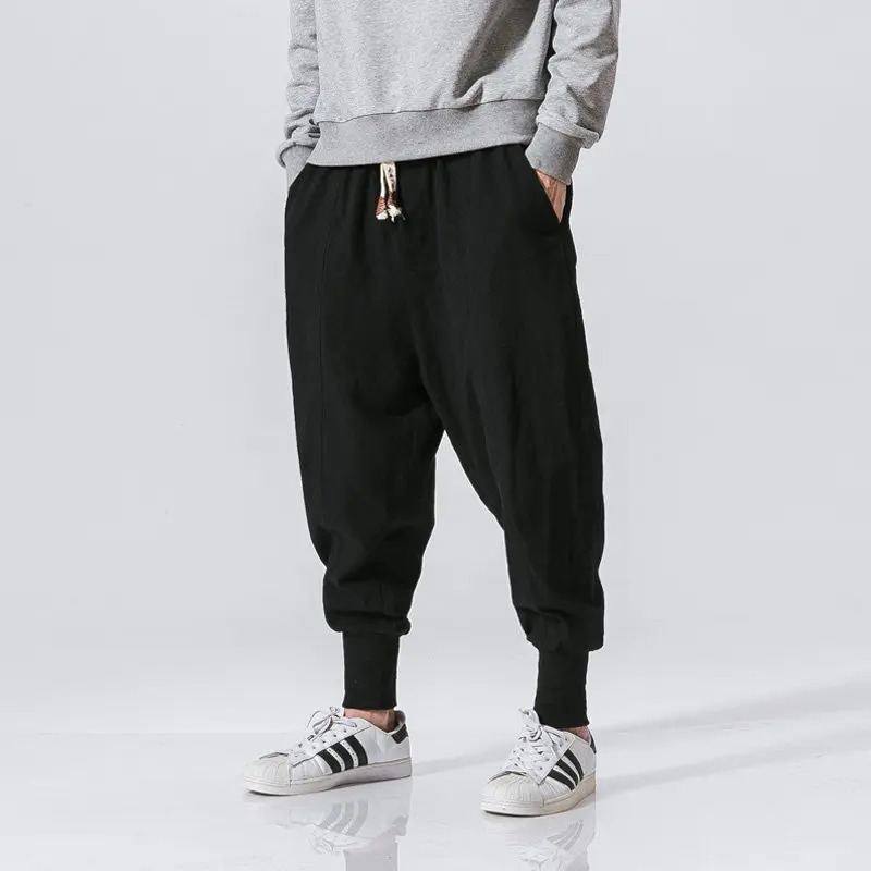 Spring Casual Oversize Harem Pants Men Streetwear Solid Color Harajuku Baggy Cotton Linen Elastic Waist Joggers For Man 241120