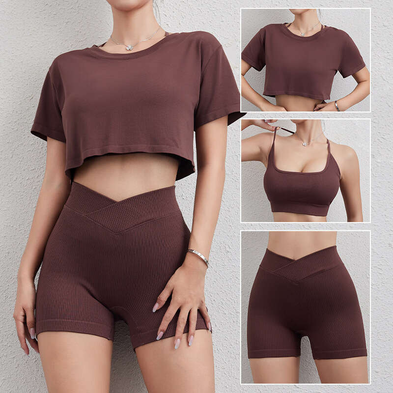 Summer Threaded Sexy Y-shaped Back Bra Yoga Suit Running Sports Fiess 3-Piece Set