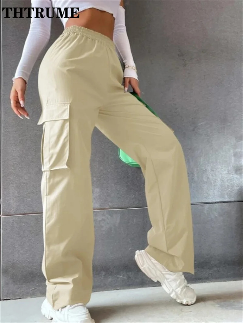 Vintage Streetwear Cargo Pants Fashion Women Solid Oversized Pocket High Waist Baggy Pant Casual Hip Hop Straight Trousers 241121Z