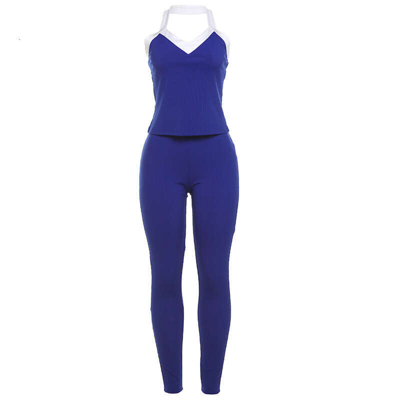 2024 autumn and winter new color blocking slim fit backless hanging neck top, high waist tight pants fashion set
