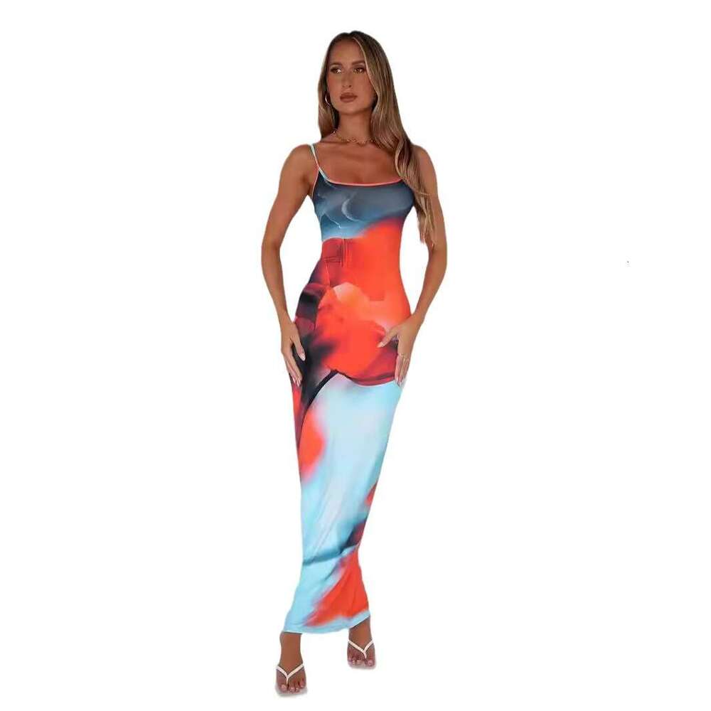 Ins Women's 2024 Fashion Slim Fit Waist Dress Digital Printed Long Tight Strap Skirt