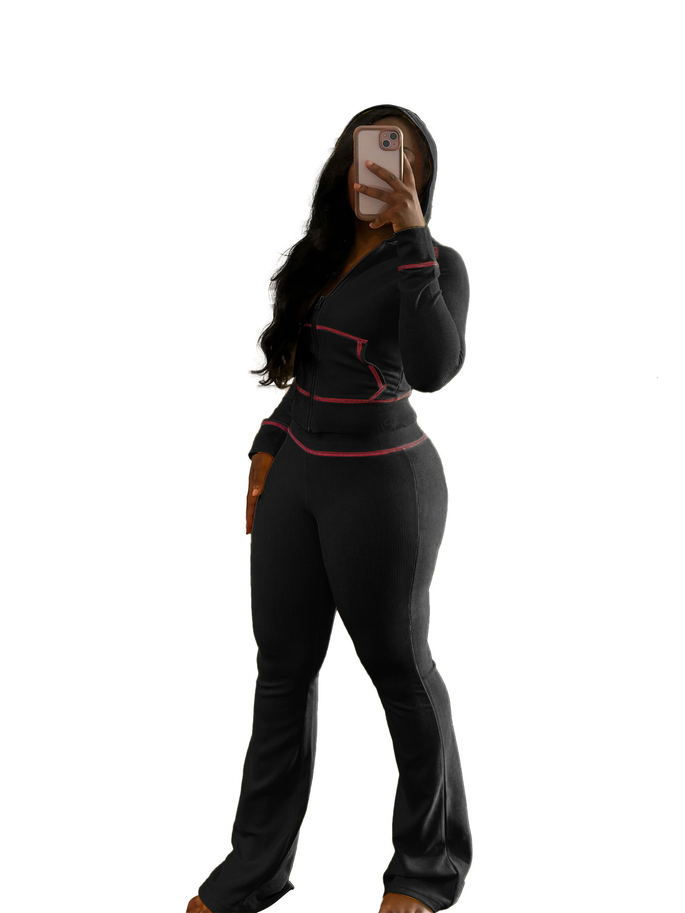 Women's Waffle Texture Fabric Shoulder Cuff Cap Micro Horn Casual Set clothing ladies