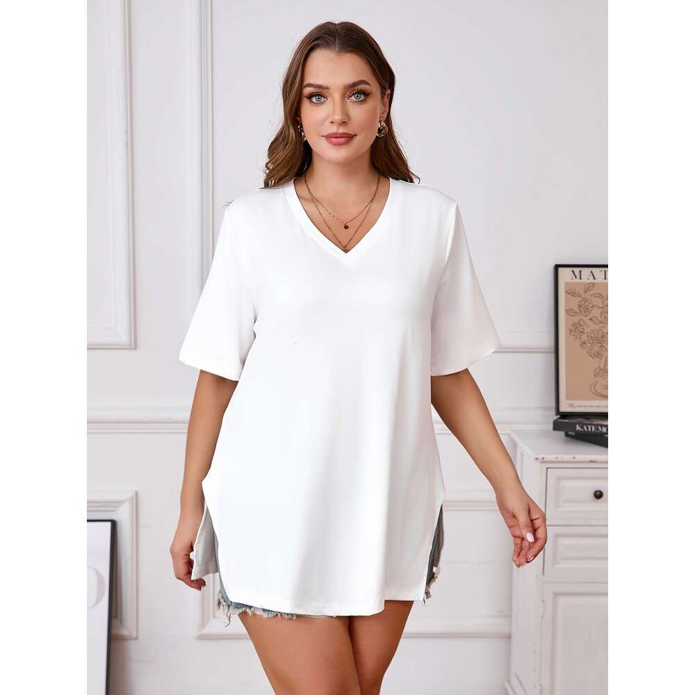Elegant V-neck T-shirt skirt, side slit, solid color knitted polyester, slightly elastic, versatile top suitable for all seasons