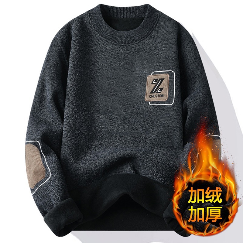 Chenier men's autumn and winter new one-piece warm velvet underwear line jacket round neck bottom knitted designer sweater men's trendy hood