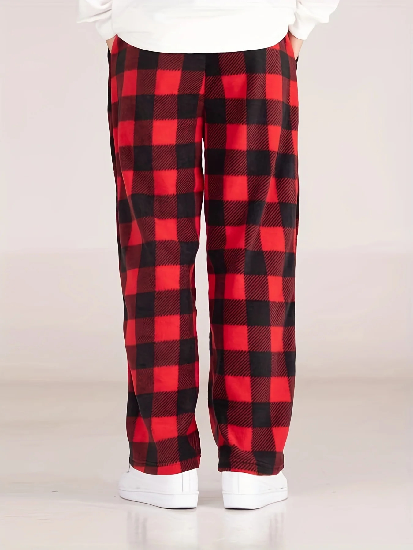 Autumn and Winter Black Red Plaid Pants Christmas Party Casual Sports Versatile Loose Straight Leg Mens American Re 241120