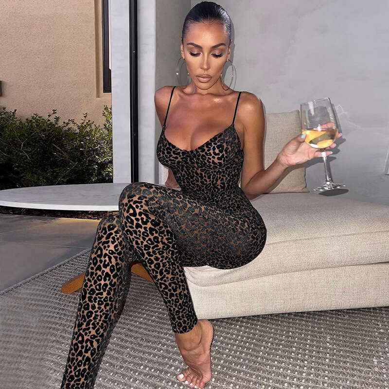 2021 Summer New Women's Sexy Low cut Sling Strap Flocking Tight Wrap Hip jumpsuit for Women