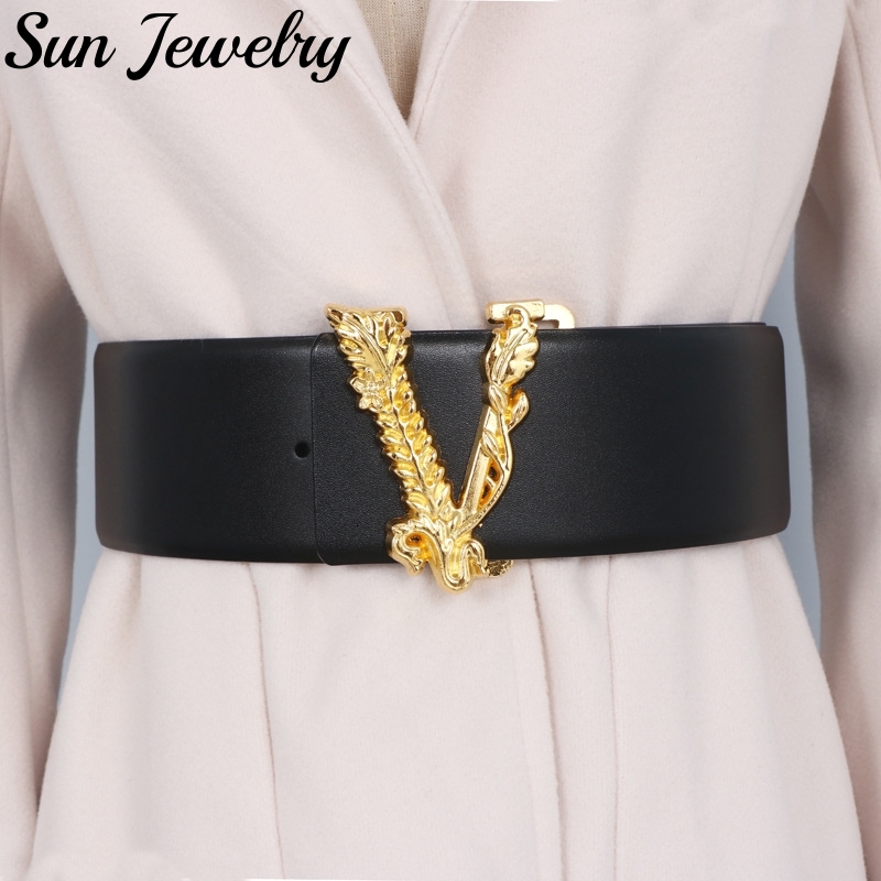 Width 6.5Cm Waist Women Metallic Gold Large V-Shaped Cowhide Decoration Versatile Fashion Commuter Dress Jacket Jeans Belt