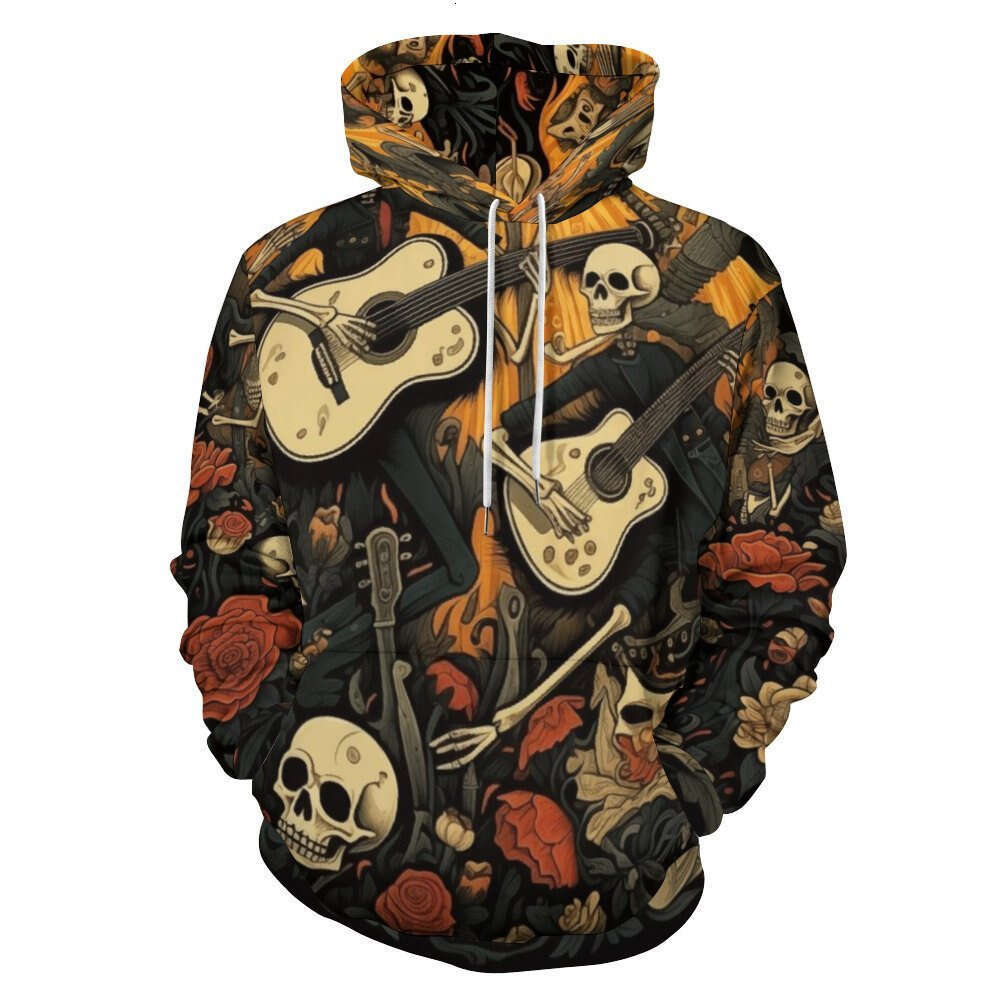 2024 Hot Selg New Halloween Skeleton Guitar Rose 3D Digital Printed Casual Hoodie