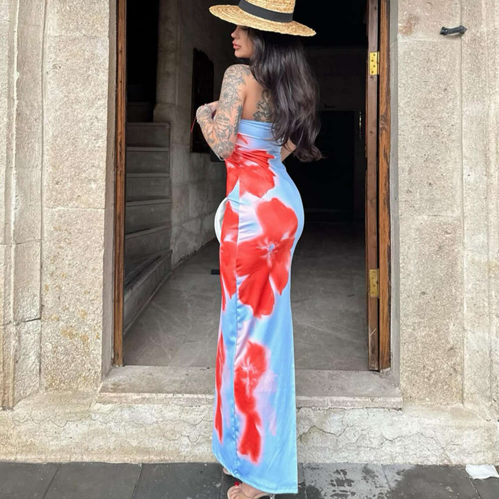 New sexy strapless printed bag hip slit dress for trendy women's clothing, children's seaside