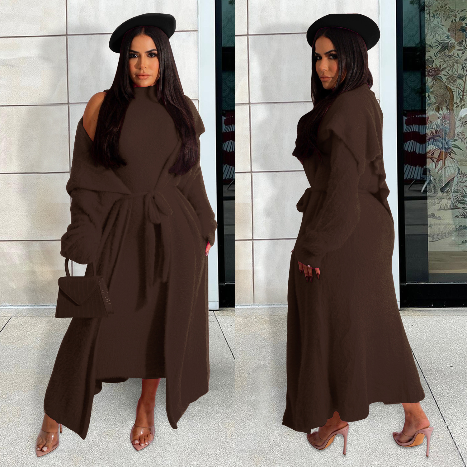 Autumn/Winter Dress Jacket Two-Piece Loose Waistband Long Cardigan Velvet Set clothing ladies