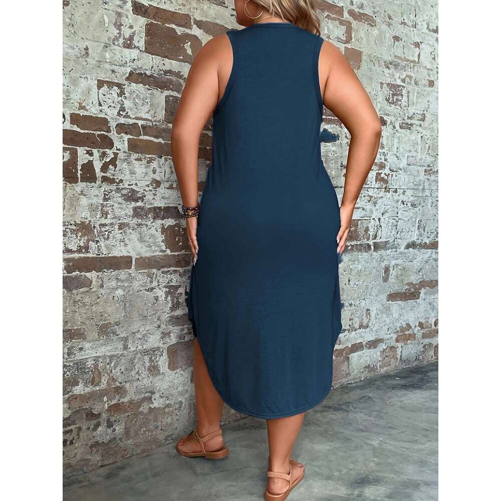 Large solid color curved hem vest skirt, spring and summer casual sleeveless dress, plus size women's clothing